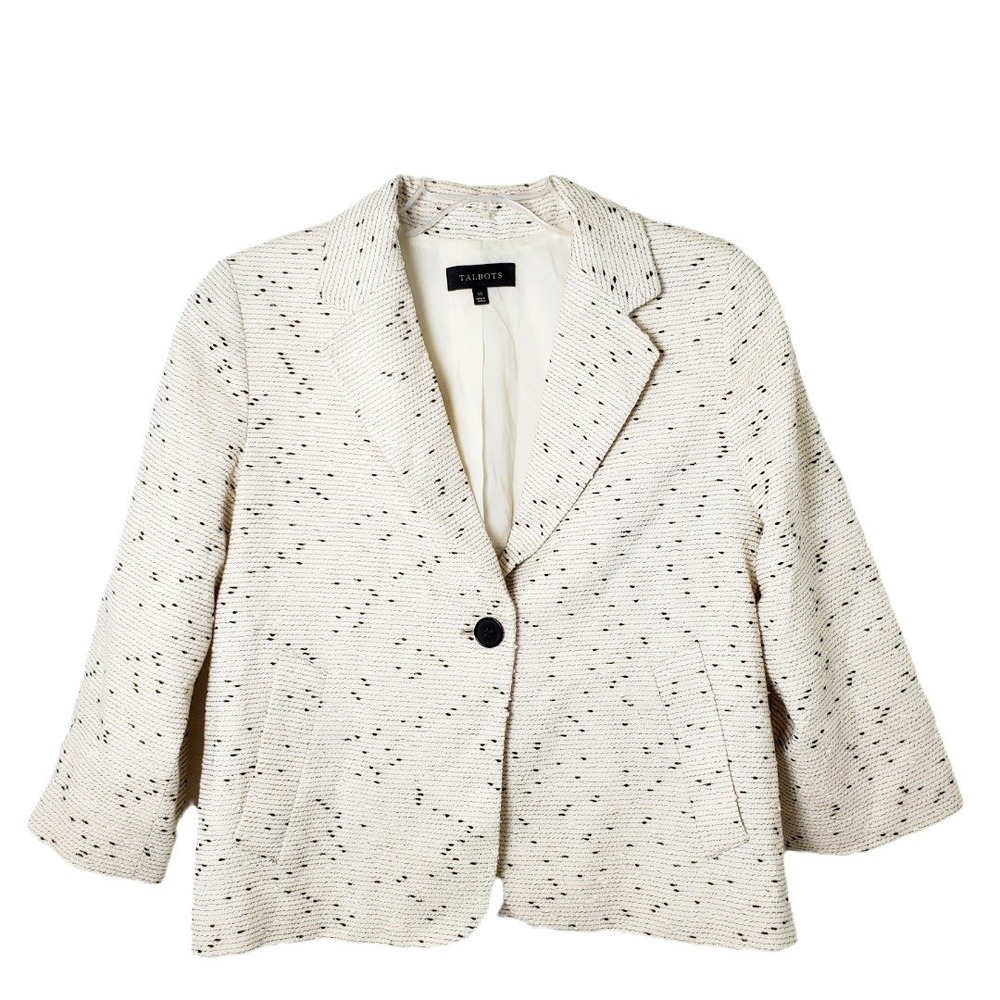 Talbots Cream & Black Flecked Cotton Blend Blazer Jacket Size 10 One Button